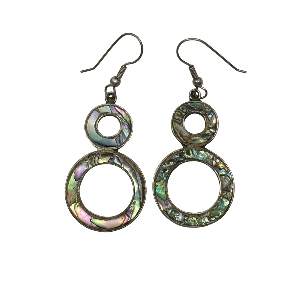Abalone Shell Double Circle Drop Earrings Silver Tone Iridescent Boho Dangle‎